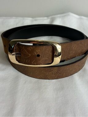 Velez Reversible Womens belt leather brown-black gold buckle embossed logo 45”